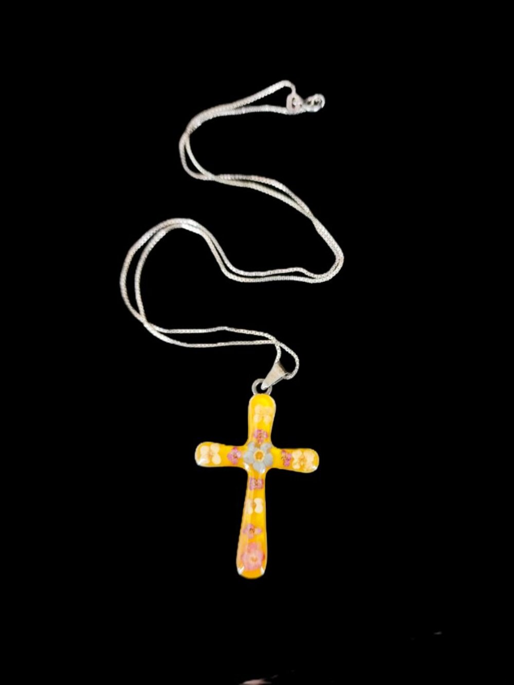 VTG 80s Sterling Silver Mexican Pressed Flower Cross Pendant & 18” Italy Chain